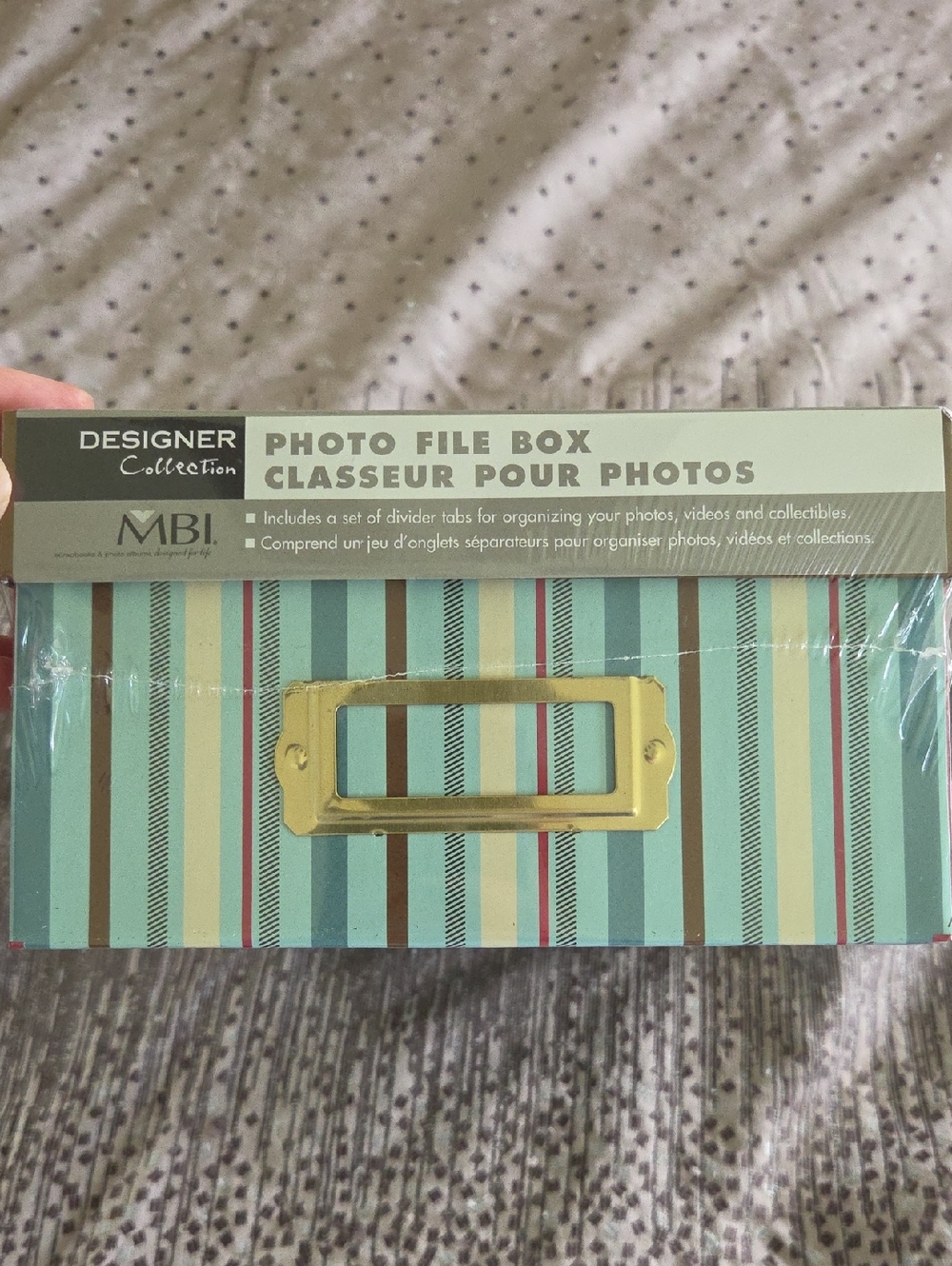 Designer Collection Teal Striped Photo File Box with Gold Label Holder
